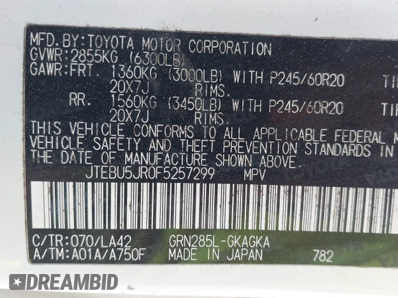 2015 Toyota 4Runner Limited with VIN JTEBU5JR0F5257299, listed as a IAAI auction lot 42029367 with 172,322 mi miles and . Bid and sale history available at carsss.com. Image 9.