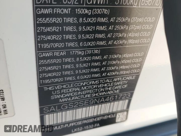 2022 Land Rover Range Rover Westminster with VIN SALGS2SE9NA461723, listed as a Copart auction lot 67390474 with 36,619 mi miles and Salvage title. Bid and sale history available at DreamBid. Image 13.