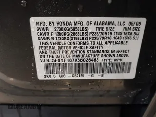 2006 Honda Pilot EX-L with VIN 5FNYF187X6B026463, listed as a IAAI auction lot 41612181 with 242,828 mi miles and . Bid and sale history available at DreamBid. Image 9.