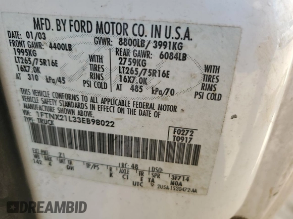 2003 Ford F-250 XL with VIN 1FTNX21L33EB98022, listed as a Copart auction lot 87487844 with 205,917 mi miles and Non repairable. Bid and sale history available at DreamBid. Image 12.