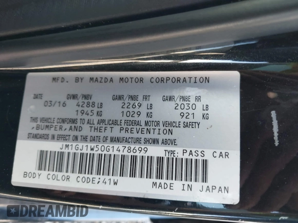 2016 Mazda 6 i Grand Touring with VIN JM1GJ1W50G1478699, listed as a IAAI auction lot 41711211 with 208,720 mi miles and . Bid and sale history available at DreamBid. Image 9.