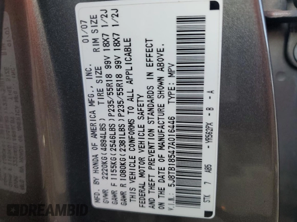 2007 Acura RDX Technology with VIN 5J8TB18547A016446, listed as a Copart auction lot 68494004 with 297,892 mi miles and Salvage Title. Bid and sale history available at DreamBid. Image 13.