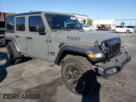 2020 Jeep Wrangler Unlimited Willys with VIN 1C4HJXDG5LW348507, listed as a Copart auction lot 77000574 with 57,056 mi miles and Salvage title. Bid and sale history available at DreamBid. Image 4.