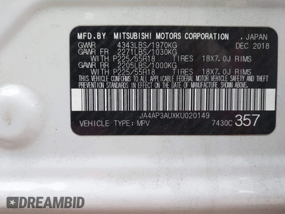 2019 Mitsubishi Outlander ES z VIN JA4AP3AUXKU020149, wystawiony jako IAAI lot #41126065 z przebiegiem 96 273 mil mil oraz . Historia ofert i sprzedaży dostępna na DreamBid. Obrazek 9.