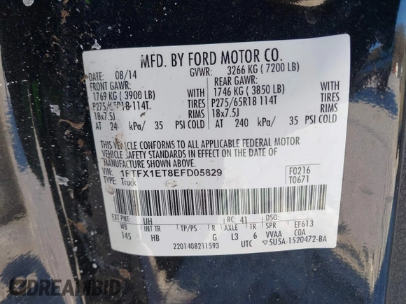 2014 Ford F-150 XL with VIN 1FTFX1ET8EFD05829, listed as a IAAI auction lot 41334106 with 0 mi miles. Bid and sale history available at carsss.com. Image 9.