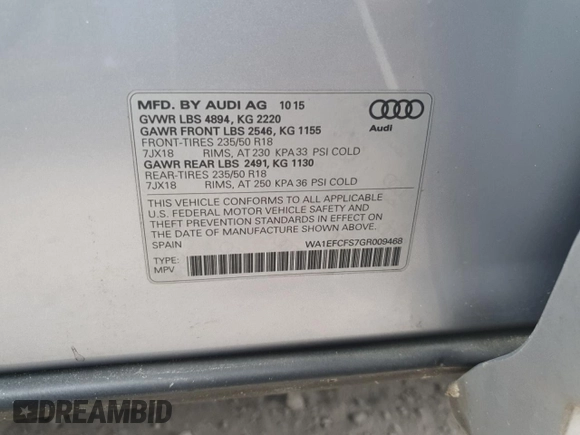2016 Audi Q3 Premium Plus with VIN WA1EFCFS7GR009468, listed as a Copart auction lot 75267504 with 91,772 mi miles and Non repairable. Bid and sale history available at DreamBid. Image 14.