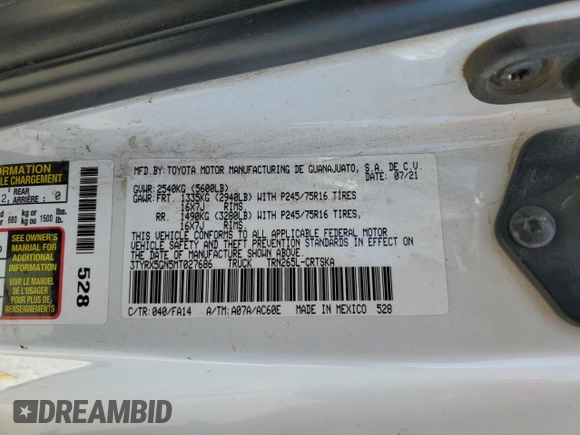 2021 Toyota Tacoma SR z VIN 3TYRX5GN5MT027686, wystawiony jako Copart lot #52277225 z przebiegiem 29 822 mil mil oraz Szkoda całkowita • Salvage title. Historia ofert i sprzedaży dostępna na DreamBid. Obrazek 13.