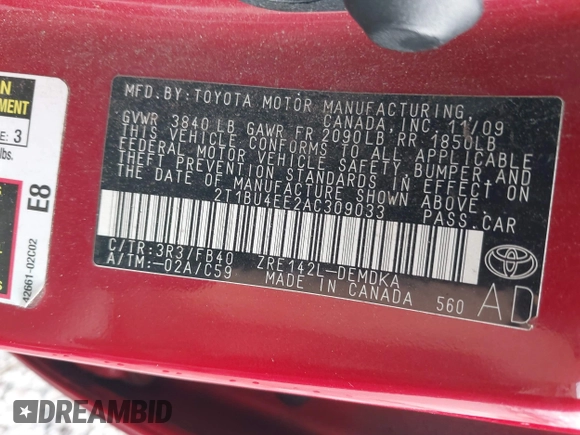 2010 Toyota Corolla with VIN 2T1BU4EE2AC309033, listed as a IAAI auction lot 41521887 with 305,228 mi miles. Bid and sale history available at carsss.com. Image 9.