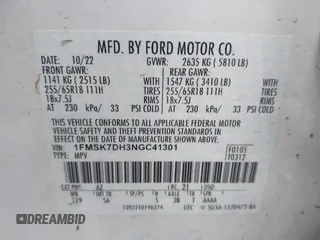 2022 Ford Explorer XLT with VIN 1FMSK7DH3NGC41301, listed as a IAAI auction lot 42256526 with 74,100 mi miles and . Bid and sale history available at DreamBid. Image 9.