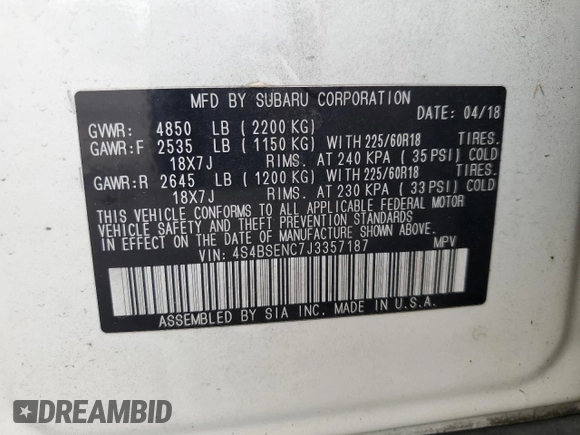2018 Subaru Outback Limited with VIN 4S4BSENC7J3357187, listed as a Copart auction lot 65178845 with 139,779 mi miles and Salvage title. Bid and sale history available at DreamBid. Image 13.