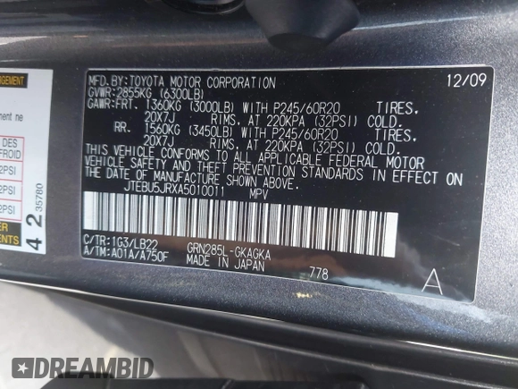 2010 Toyota 4Runner Trail with VIN JTEBU5JRXA5010011, listed as a IAAI auction lot 41264665 with 115,731 mi miles and . Bid and sale history available at DreamBid. Image 9.