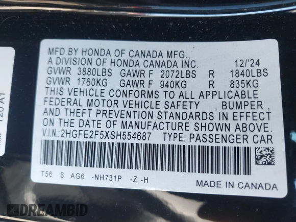 2025 Honda Civic Sport with VIN 2HGFE2F5XSH554687, listed as a IAAI auction lot 42031297 with 1,619 mi miles and . Bid and sale history available at DreamBid. Image 9.