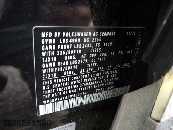 2013 Volkswagen Tiguan SE z VIN WVGBV7AX6DW550316, wystawiony jako Copart lot #56964595 z przebiegiem 157 526 mil mil oraz Szkoda całkowita • Salvage title. Historia ofert i sprzedaży dostępna na DreamBid. Obrazek 13.