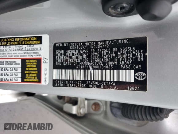 2012 Toyota Camry L with VIN 4T1BF1FK9CU101035, listed as a Copart auction lot 52185275 with 204,552 mi miles and Salvage Title. Bid and sale history available at carsss.com. Image 12.