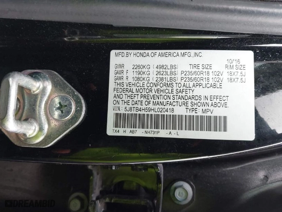 2017 Acura RDX w/Technology Pkg with VIN 5J8TB4H59HL020418, listed as a IAAI auction lot 41560828 with 102,545 mi miles. Bid and sale history available at carsss.com. Image 9.