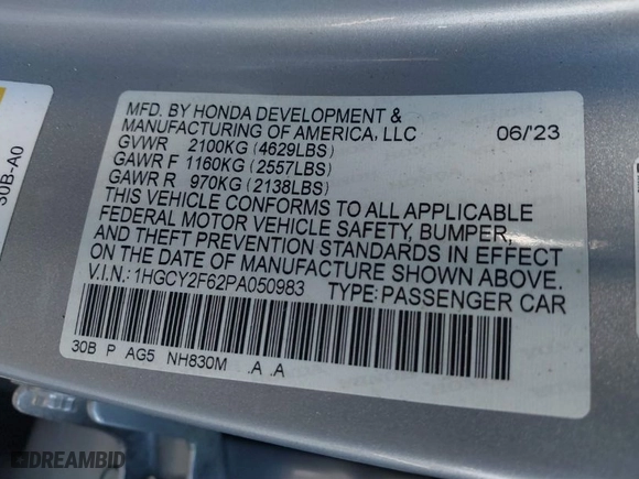 2023 Honda Accord Hybrid EX-L with VIN 1HGCY2F62PA050983, listed as a IAAI auction lot 40926361 with 63,930 mi miles. Bid and sale history available at carsss.com. Image 9.