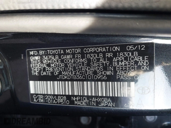 2012 Toyota Prius c One with VIN JTDKDTB36C1010956, listed as a IAAI auction lot 41476271 with 186,403 mi miles. Bid and sale history available at carsss.com. Image 9.