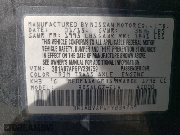 2015 Nissan Sentra SL with VIN 3N1AB7AP6FY234759, listed as a Copart auction lot 49855265 with 96,186 mi miles and Salvage Title. Bid and sale history available at DreamBid. Image 14.