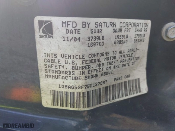 2005 Saturn ION with VIN 1G8AG52F75Z127887, listed as a IAAI auction lot 41421031 with 119,018 mi miles. Bid and sale history available at carsss.com. Image 9.