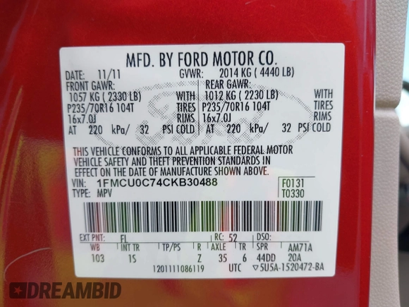 2012 Ford Escape XLS with VIN 1FMCU0C74CKB30488, listed as a IAAI auction lot 42497588 with 67,922 mi miles and . Bid and sale history available at DreamBid. Image 9.