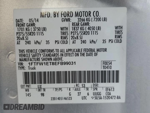 2014 Ford F-150 XL with VIN 1FTFW1ET8EFB99031, listed as a Copart auction lot 48194535 with 237,327 mi miles and Salvage Title. Bid and sale history available at carsss.com. Image 12.