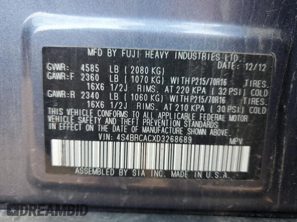 2013 Subaru Outback 2.5i with VIN 4S4BRCACXD3268689, listed as a Copart auction lot 60490265 with 258,646 mi miles and Clean title. Bid and sale history available at DreamBid. Image 13.