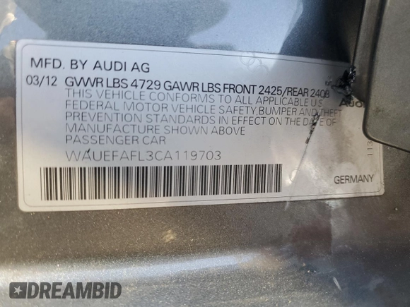 2012 Audi A4 2.0T Premium Plus with VIN WAUEFAFL3CA119703, listed as a Copart auction lot 77394174 with 125,593 mi miles and Salvage Title. Bid and sale history available at carsss.com. Image 12.