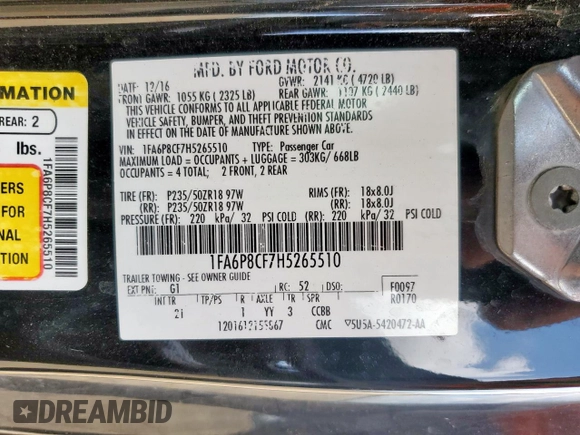 2017 Ford Mustang GT with VIN 1FA6P8CF7H5265510, listed as a Copart auction lot 59172315 with Not provided miles and Salvage title. Bid and sale history available at DreamBid. Image 13.