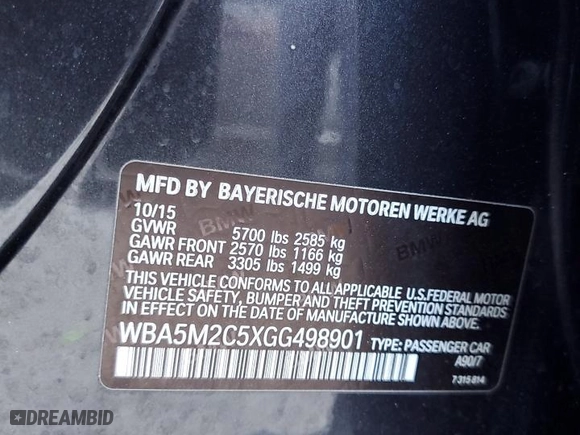 2016 BMW 5 Series Gran Turismo 535i with VIN WBA5M2C5XGG498901, listed as a Copart auction lot 72456294 with 127,050 mi miles and Salvage Title. Bid and sale history available at carsss.com. Image 12.