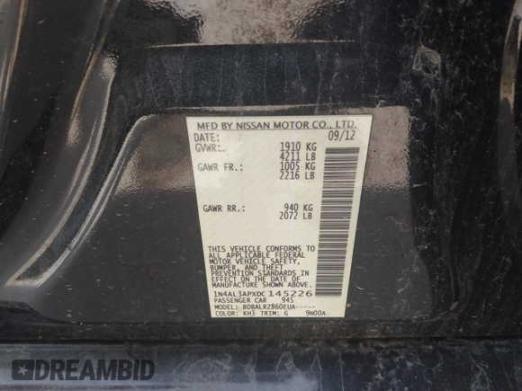 2013 Nissan Altima 2.5 S with VIN 1N4AL3APXDC145226, listed as a IAAI auction lot 41469818 with 217,513 mi miles and . Bid and sale history available at carsss.com. Image 9.