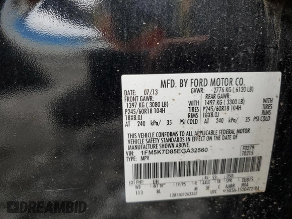 2014 Ford Explorer XLT с VIN 1FM5K7D85EGA32560, выставлен на аукционе Copart как лот 55678235 с пробегом Не указан миль и Списание • Salvage title. История ставок и продаж доступна на DreamBid. Изображение 13.