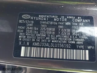 2020 Hyundai Tucson Sport with VIN KM8J33AL3LU156192, listed as a IAAI auction lot 41288165 with 53,210 mi miles. Bid and sale history available at carsss.com. Image 9.