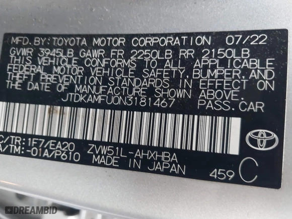 2022 Toyota Prius L Eco with VIN JTDKAMFU0N3181467, listed as a IAAI auction lot 41802679 with 121,749 mi miles. Bid and sale history available at carsss.com. Image 9.