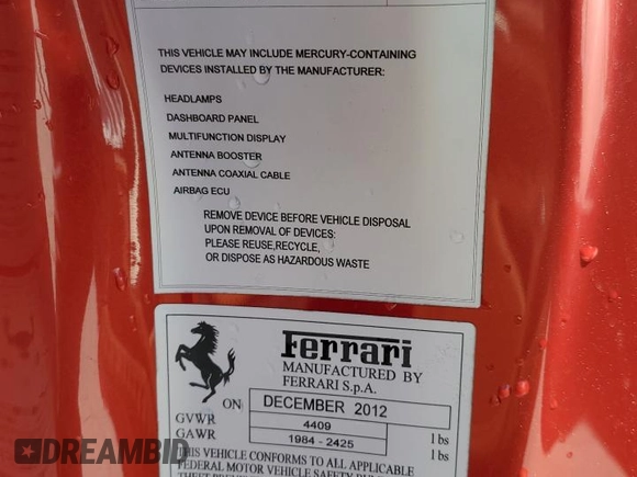 2013 Ferrari F12 z VIN ZFF74UFA7D0193622, wystawiony jako Copart lot #73031694 z przebiegiem Nie podano mil oraz Szkody całkowita. Historia ofert i sprzedaży dostępna na DreamBid. Obrazek 13.