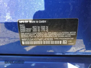 2021 BMW M3 with VIN WBS53AY07MFL43939, listed as a Copart auction lot 42085465 with 55,003 mi miles and Salvage title. Bid and sale history available at DreamBid. Image 14.