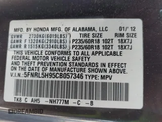2012 Honda Odyssey Touring with VIN 5FNRL5H95CB057346, listed as a IAAI auction lot 42644094 with 114,712 mi miles and . Bid and sale history available at DreamBid. Image 9.