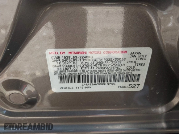 2012 Mitsubishi Outlander SE with VIN JA4AS3AW5CU019766, listed as a IAAI auction lot 42563922 with 76,000 mi miles and . Bid and sale history available at DreamBid. Image 9.