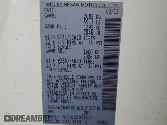 2013 Nissan Pathfinder SL with VIN 5N1AR2MM7DC657378, listed as a Copart auction lot 61167045 with 165,192 mi miles and Clean title. Bid and sale history available at DreamBid. Image 13.