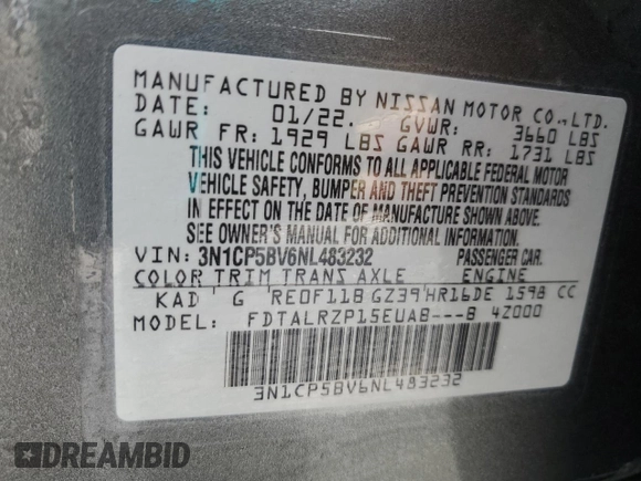 2022 Nissan Kicks S z VIN 3N1CP5BV6NL483232, wystawiony jako Copart lot #54557355 z przebiegiem 31 731 mil mil oraz Szkoda całkowita • Salvage title. Historia ofert i sprzedaży dostępna na DreamBid. Obrazek 13.