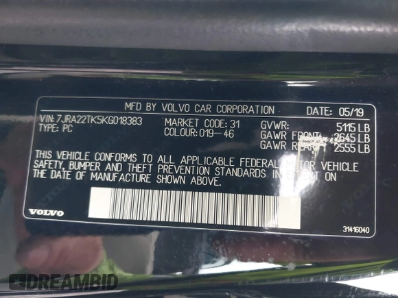 2019 Volvo S60 Momentum with VIN 7JRA22TK5KG018383, listed as a IAAI auction lot 42146289 with 111,227 mi miles. Bid and sale history available at carsss.com. Image 9.