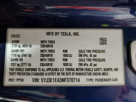 2022 Tesla Model 3 with VIN 5YJ3E1EA3NF370714, listed as a Copart auction lot 52811415 with 84,368 mi miles and Clean Title. Bid and sale history available at carsss.com. Image 13.