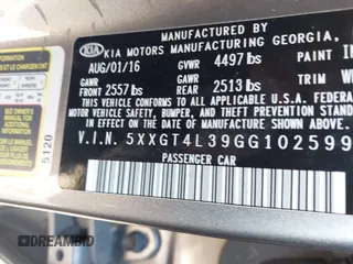 2016 Kia Optima LX with VIN 5XXGT4L39GG102599, listed as a IAAI auction lot 41748147 with 104,712 mi miles. Bid and sale history available at carsss.com. Image 9.