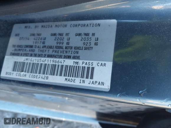 2015 Mazda 6 i Sport with VIN JM1GJ1U54F1196647, listed as a IAAI auction lot 41286544 with 133,654 mi miles and . Bid and sale history available at carsss.com. Image 9.
