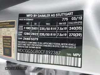 2012 Mercedes-Benz GLK GLK 350 with VIN WDCGG5GB0CF892387, listed as a IAAI auction lot 42031687 with 123,587 mi miles. Bid and sale history available at carsss.com. Image 9.