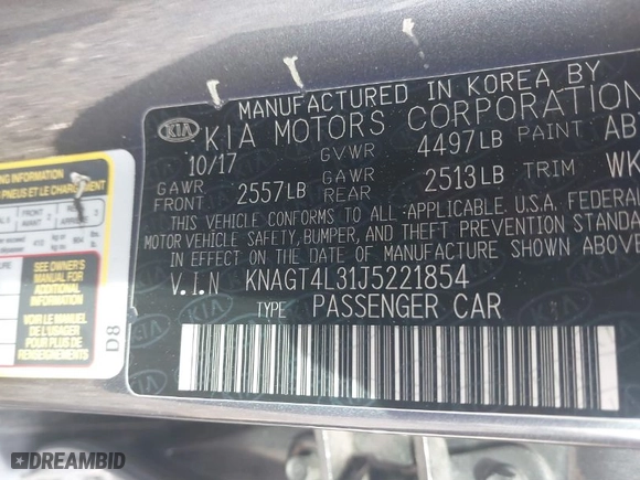 2018 Kia Optima LX with VIN KNAGT4L31J5221854, listed as a IAAI auction lot 41476537 with 114,343 mi miles. Bid and sale history available at carsss.com. Image 9.