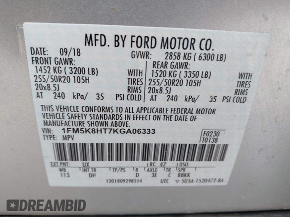 2019 Ford Explorer Platinum с VIN 1FM5K8HT7KGA06333, выставлен на аукционе IAAI как лот 42094006 с пробегом 91 620 миль миль и . История ставок и продаж доступна на DreamBid. Изображение 9.