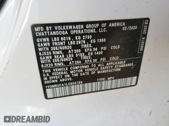 2020 Volkswagen Atlas SEL z VIN 1V2MR2CA1LC504193, wystawiony jako Copart lot #44369765 z przebiegiem 37 501 mil mil oraz Szkoda całkowita • Salvage title. Historia ofert i sprzedaży dostępna na DreamBid. Obrazek 13.