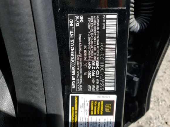 2017 Mercedes-Benz C 300 with VIN 55SWF4JB0HU201991, listed as a Copart auction lot 54105055 with 68,938 mi miles and Salvage Title. Bid and sale history available at DreamBid. Image 12.