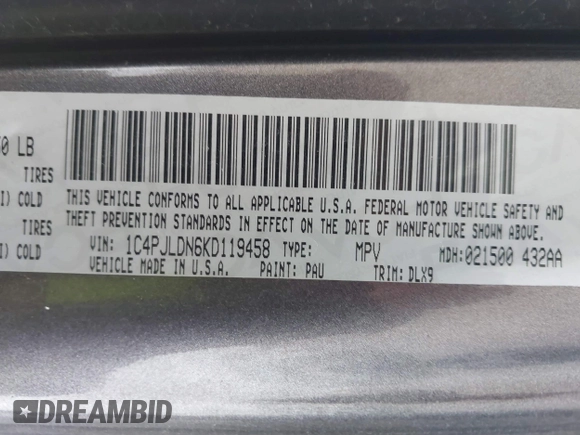 2019 Jeep Cherokee Limited with VIN 1C4PJLDN6KD119458, listed as a IAAI auction lot 41408906 with 72,293 mi miles. Bid and sale history available at carsss.com. Image 9.