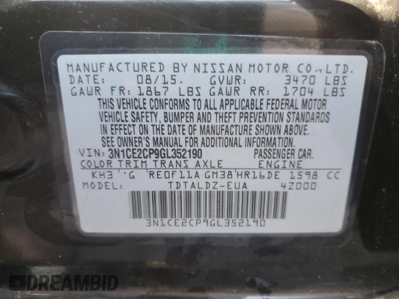 2016 Nissan Note S with VIN 3N1CE2CP9GL352190, listed as a Copart auction lot 89021605 with 316,120 mi miles and Salvage Title. Bid and sale history available at DreamBid. Image 12.
